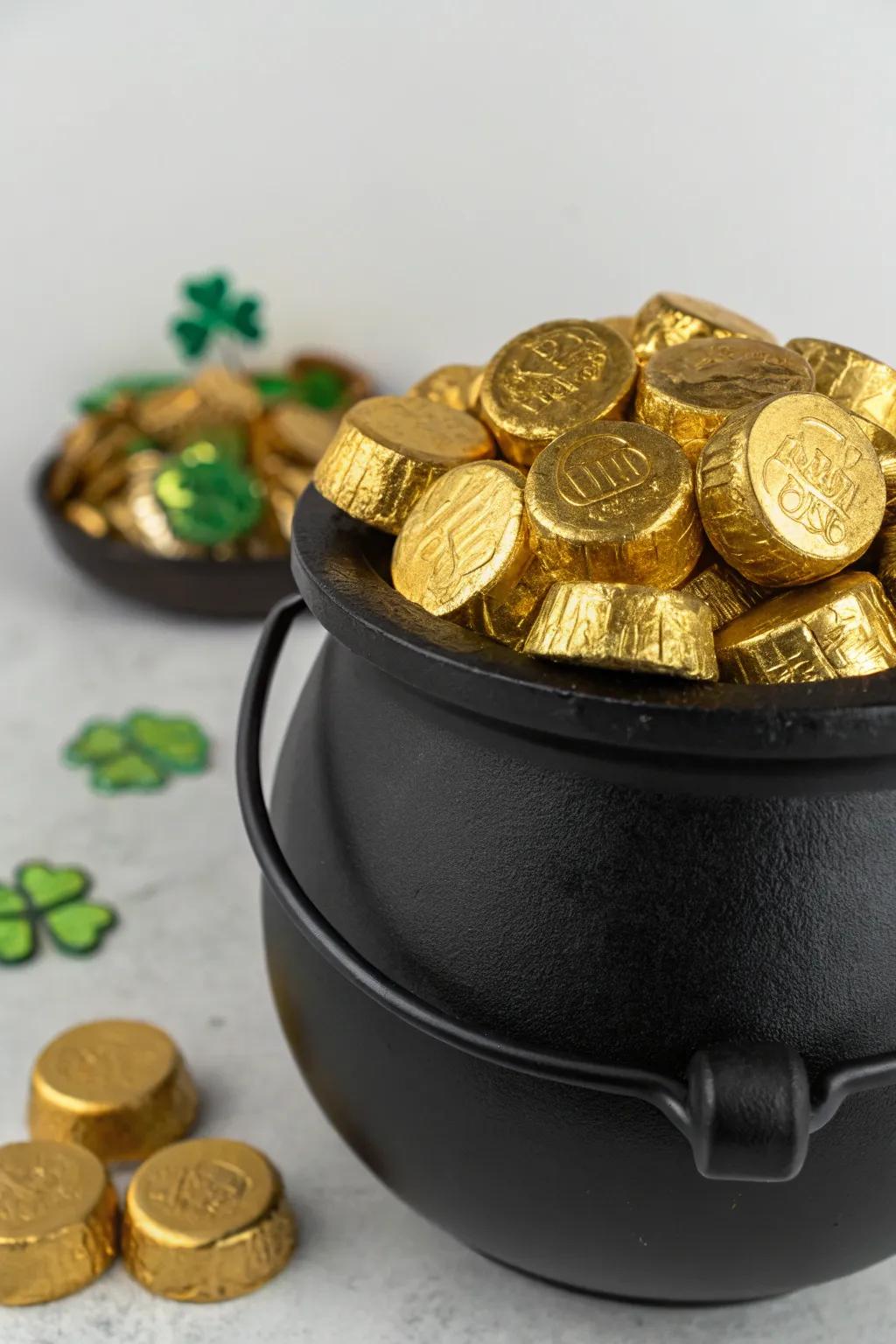 A cache of gilded goodies centerpiece lends a sweet, traditional touch.