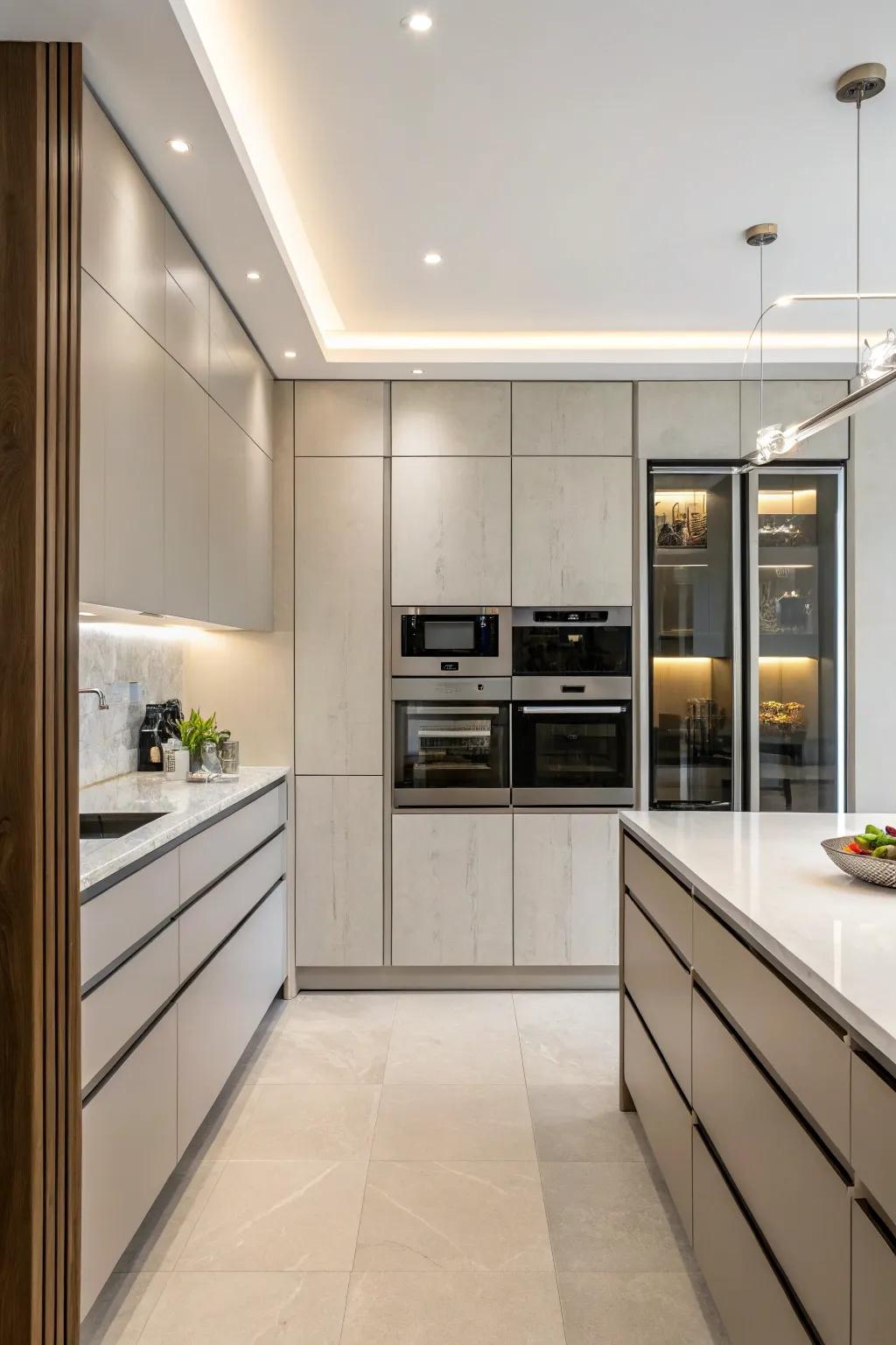 Concealed appliances keep the kitchen layout neat and continuous.