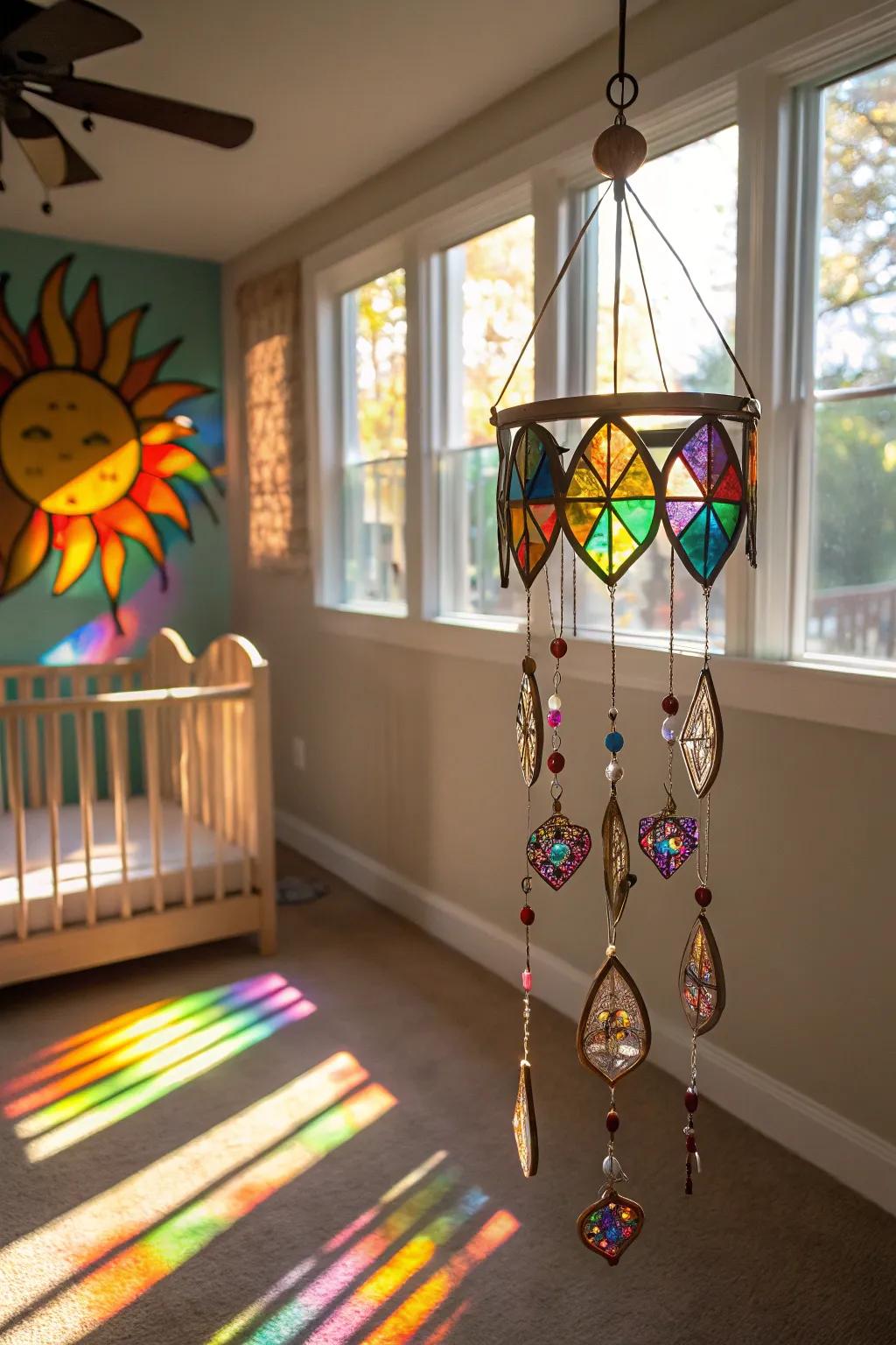 A stained glass mobile fashions a magical atmosphere in a nursery.