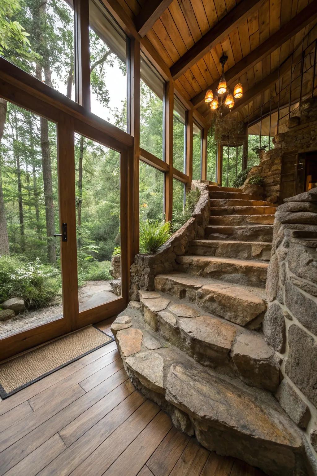 This staircase has rough stone steps that give it a textured and natural appeal.