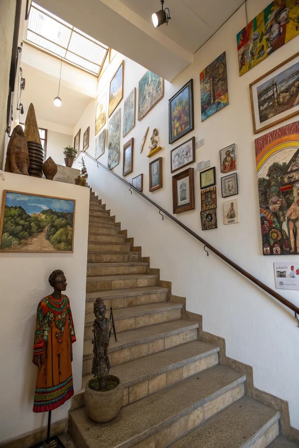 A cultural motif personalizes the stairway gallery wall.