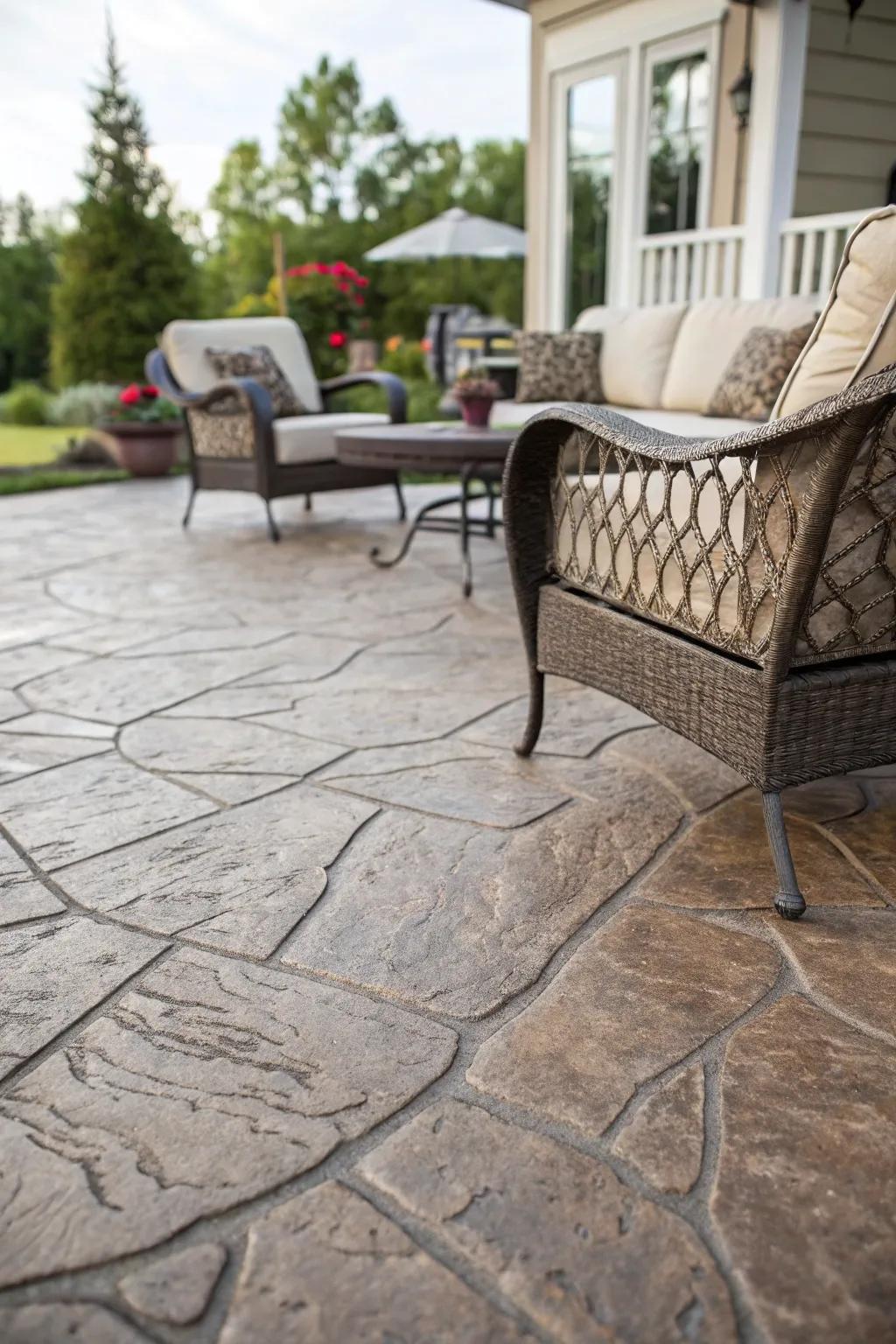Stamped concrete mimics natural rock for a luxurious effect.