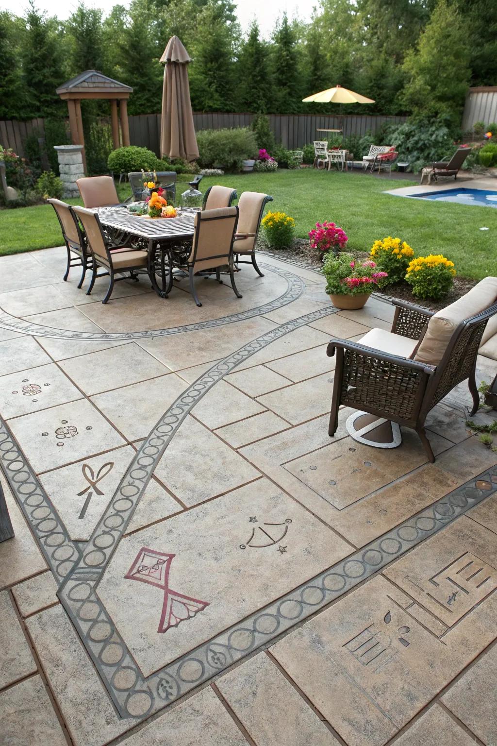 A stamped concrete patio with clearly defined areas.