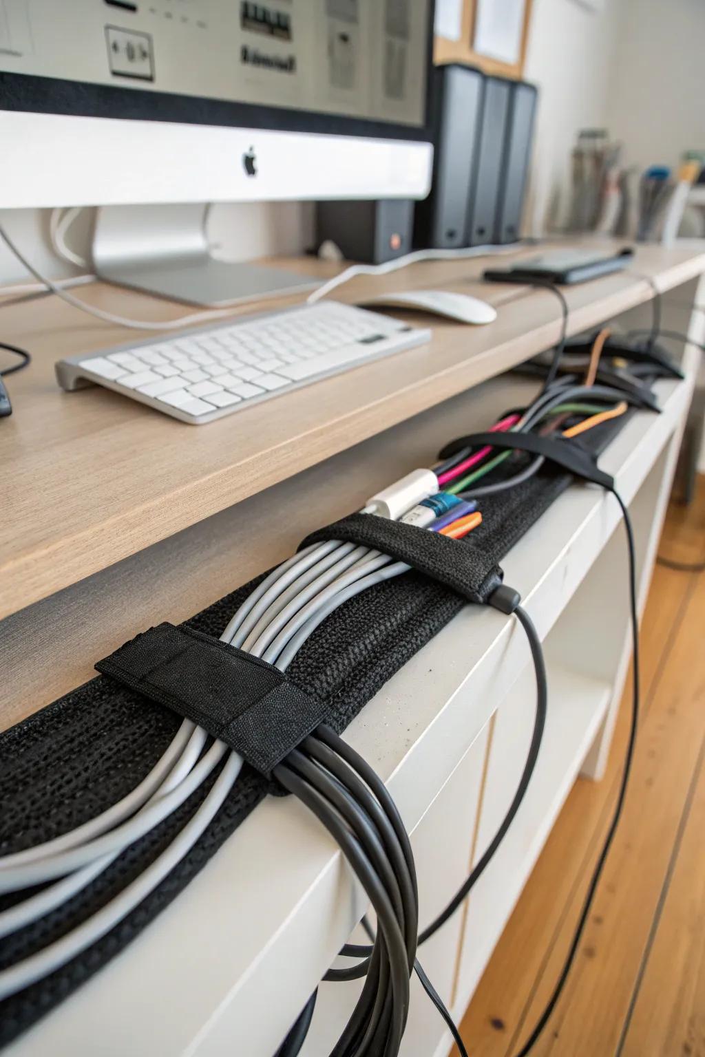 Velcro straps offer adjustable solutions for managing cords.