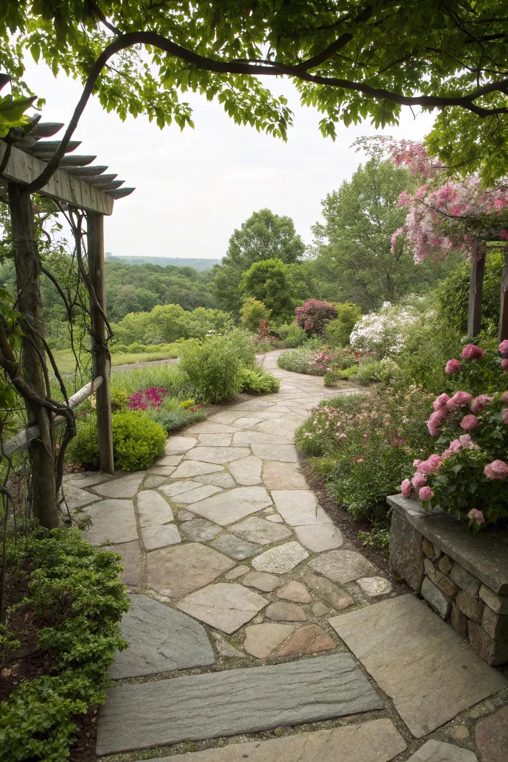 A stone patio connected to the garden with inherent paths.