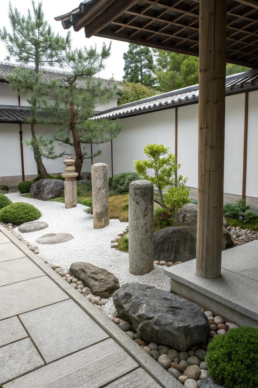 Craft a serene oasis with stone pillars in your Zen garden.