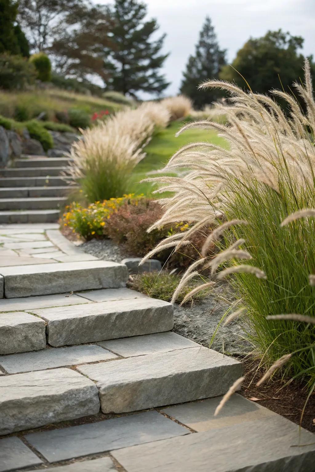 Stone steps with ornamental grasses