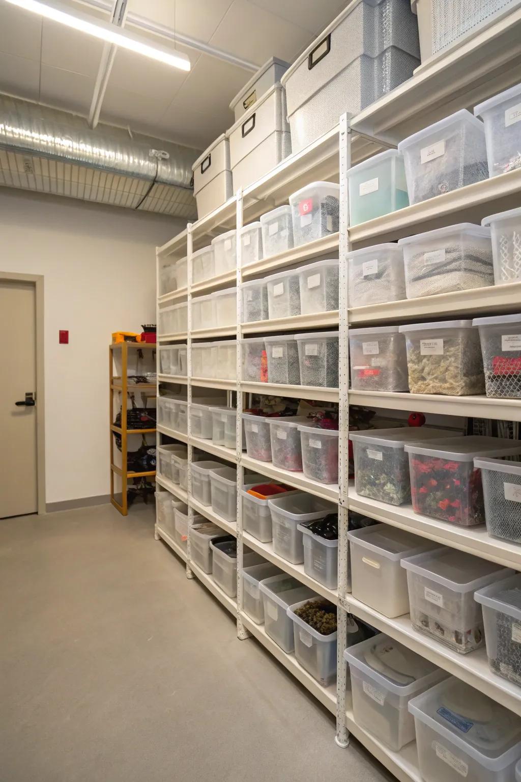 See-through containers make it easy to see stored items.