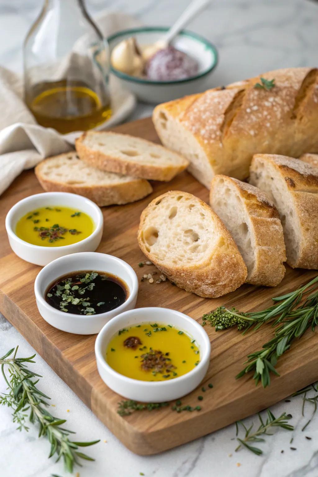 An understated yet elegant appetizer—fresh loaves united with exquisite oils.