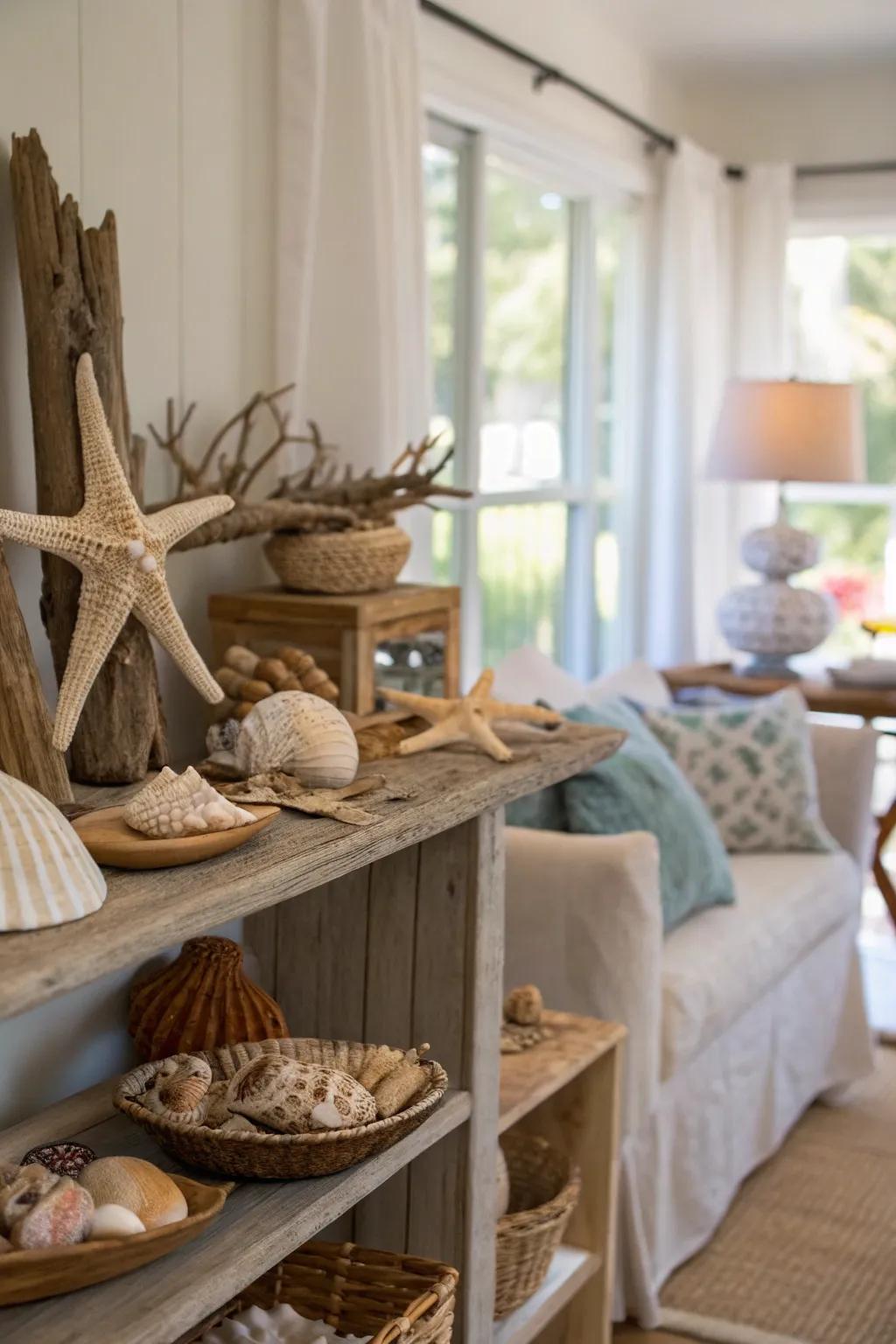 Organic elements such as seashells and seafaring wood personalize the decorations.