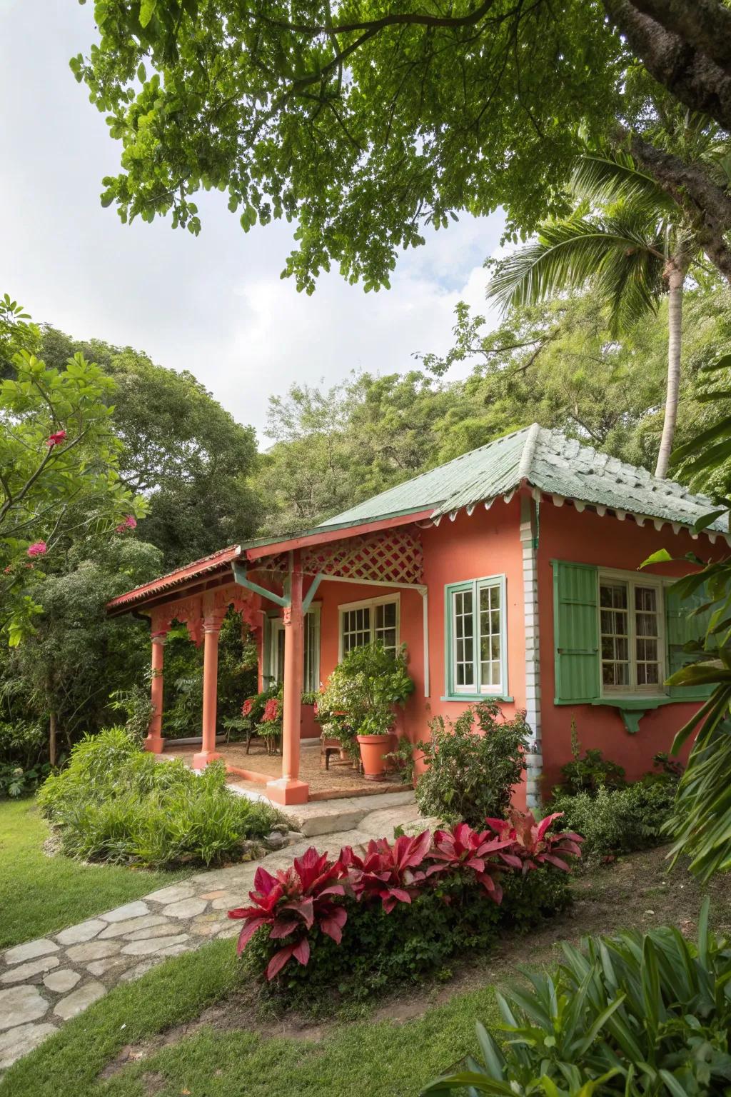 A summer house with a coral touch, adding joy and vibrancy to the garden.