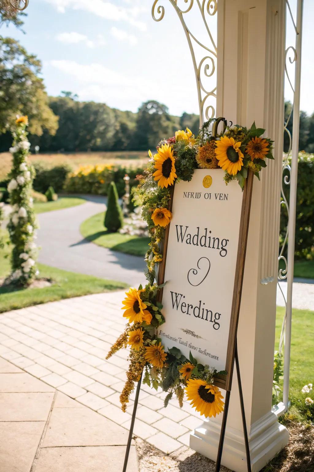 A welcoming wedding sign adorned with sunflowers.