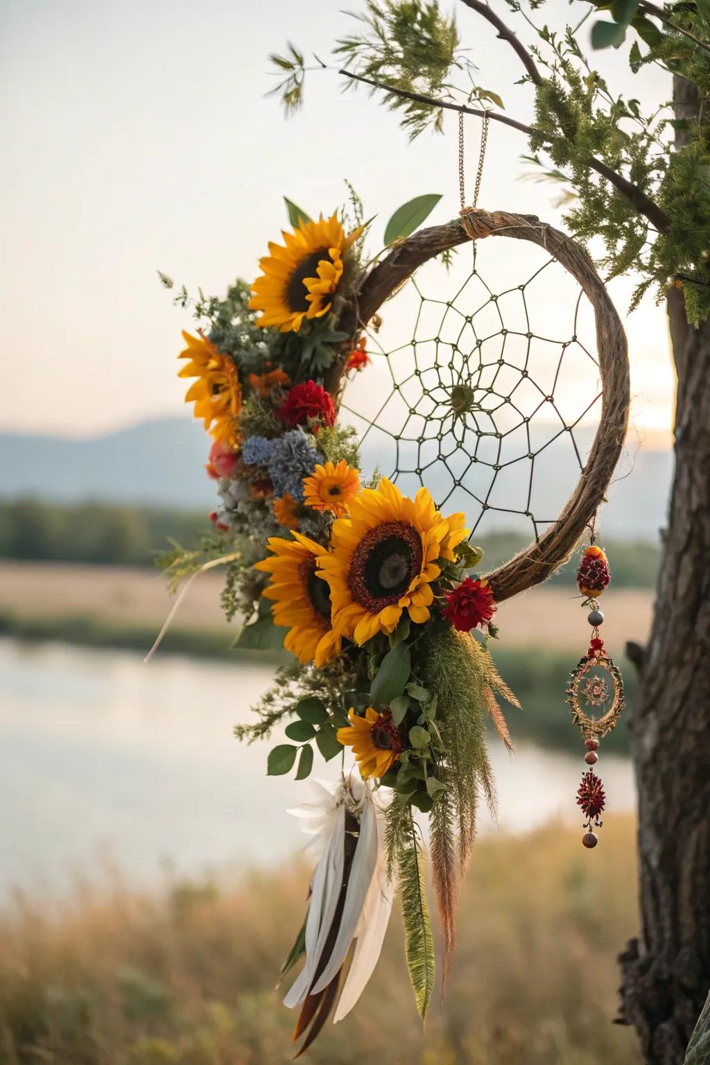 Dreamy boho vibes with a sunflower dreamcatcher wreath.