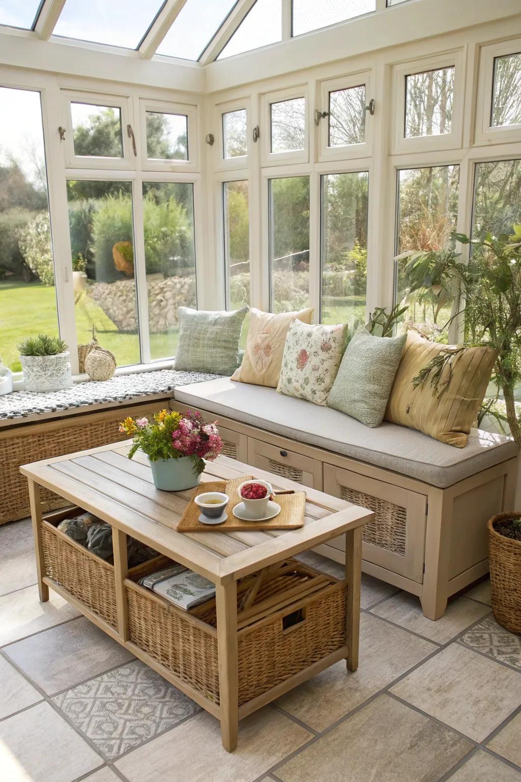 Multi-purpose furniture enhances the practicality of the sunroom.