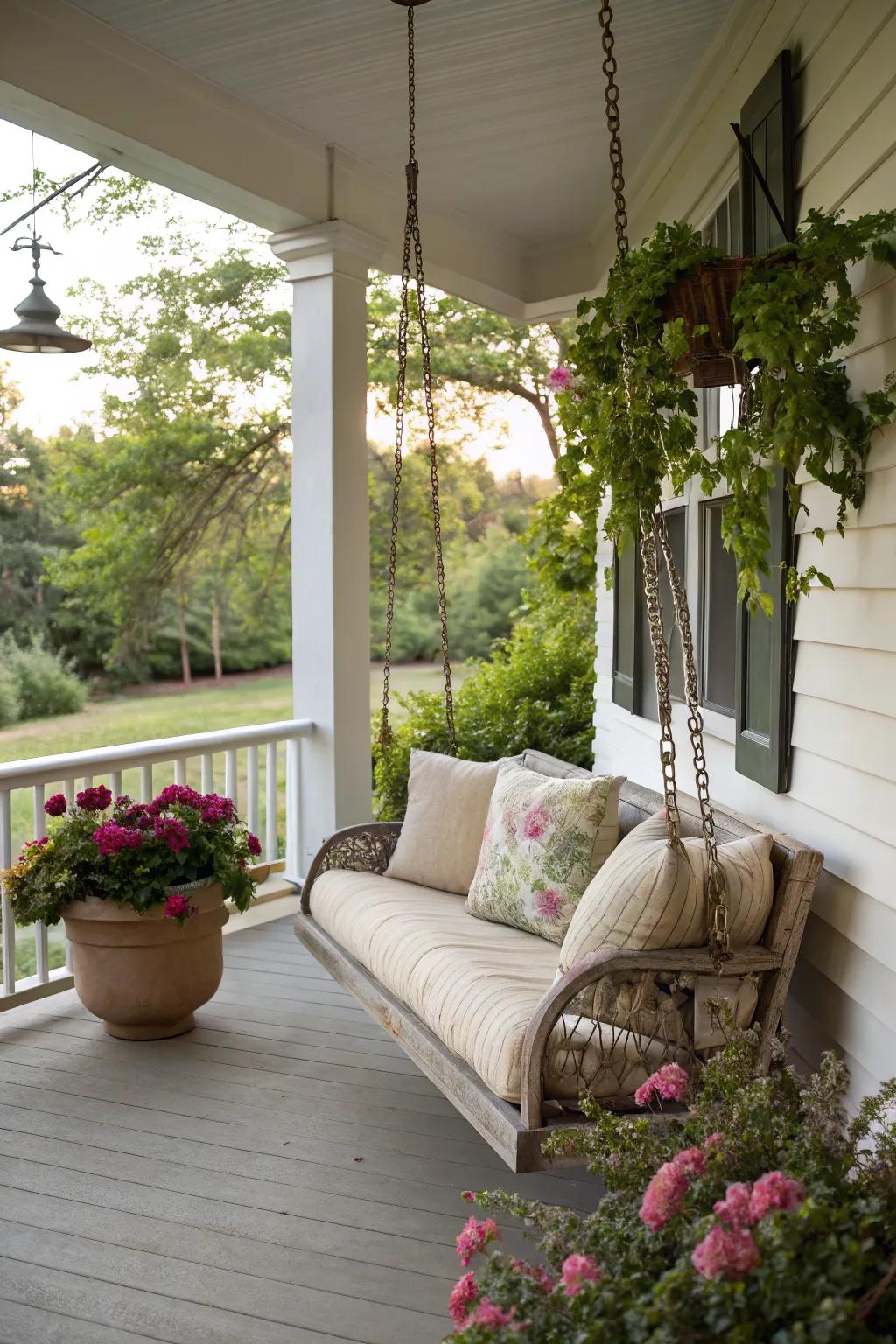 A single-seat porch swing is a tranquil spot for relaxation and reflection.