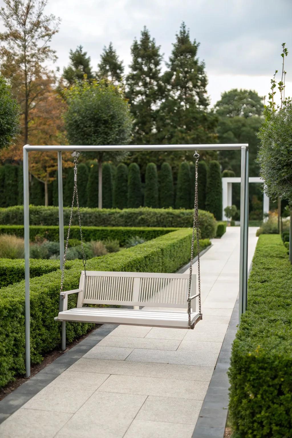 A minimalist metal frame swing introduces contemporary elegance.