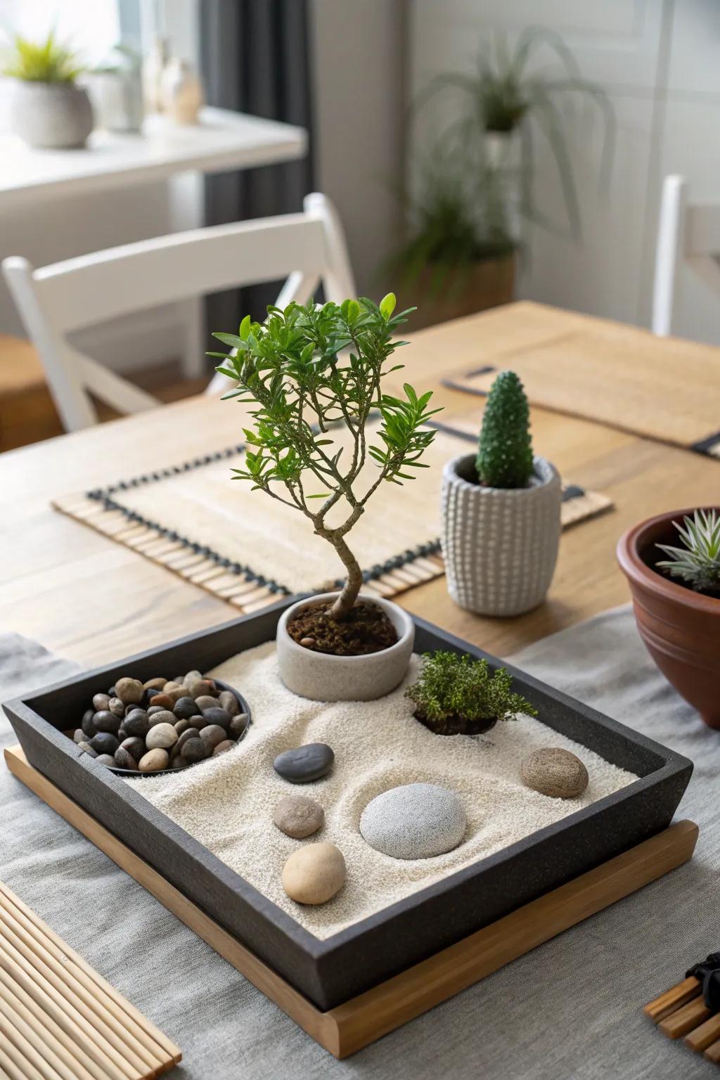 A calming centerpiece channeling Zen garden vibes.