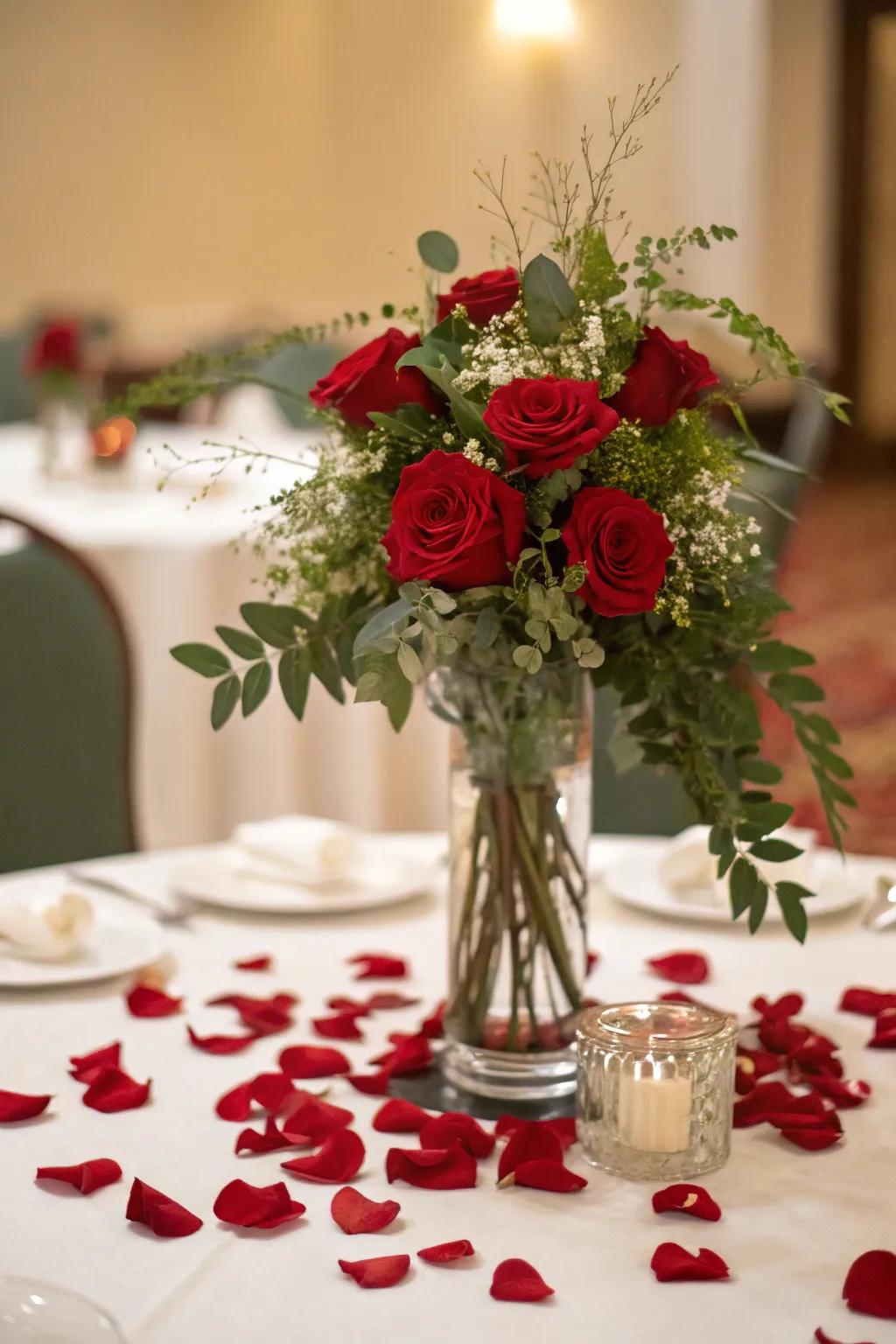 A love-infused centerpiece with rose segments and floral arrangements.