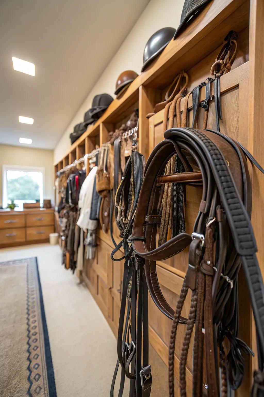 Bespoke headstall racks adding flair and organization to a tack room.