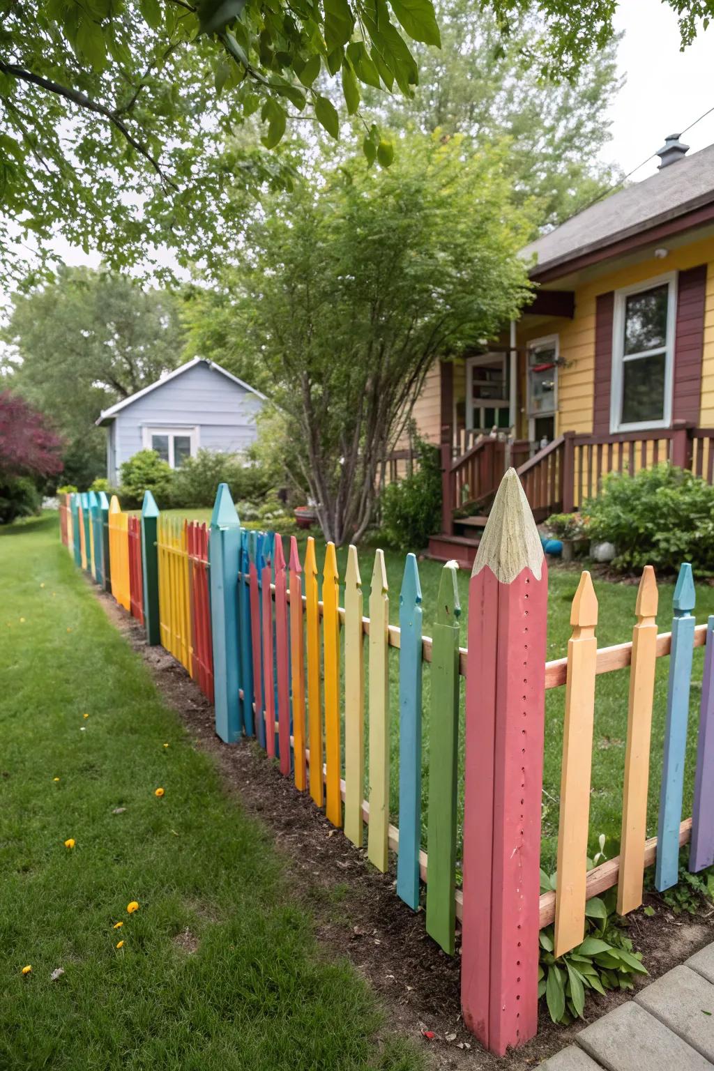 A playful fence painted to imitate a sequence of colored markers.