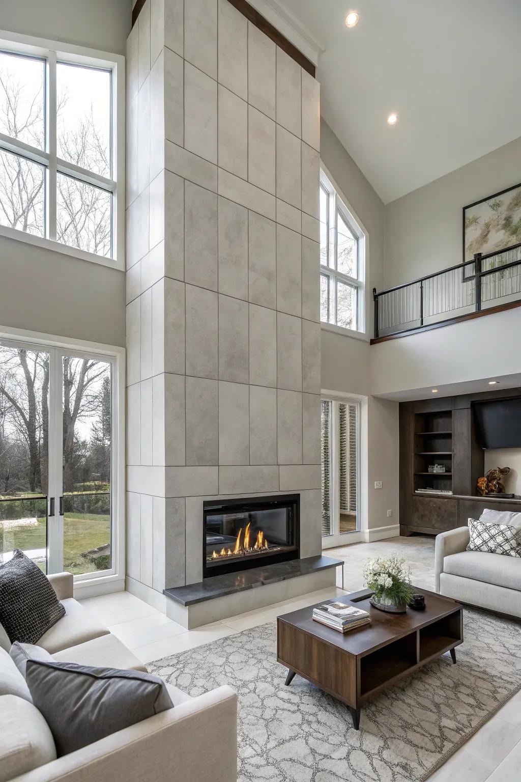 Oversized tiles create a modern and expansive look on a fireplace wall.