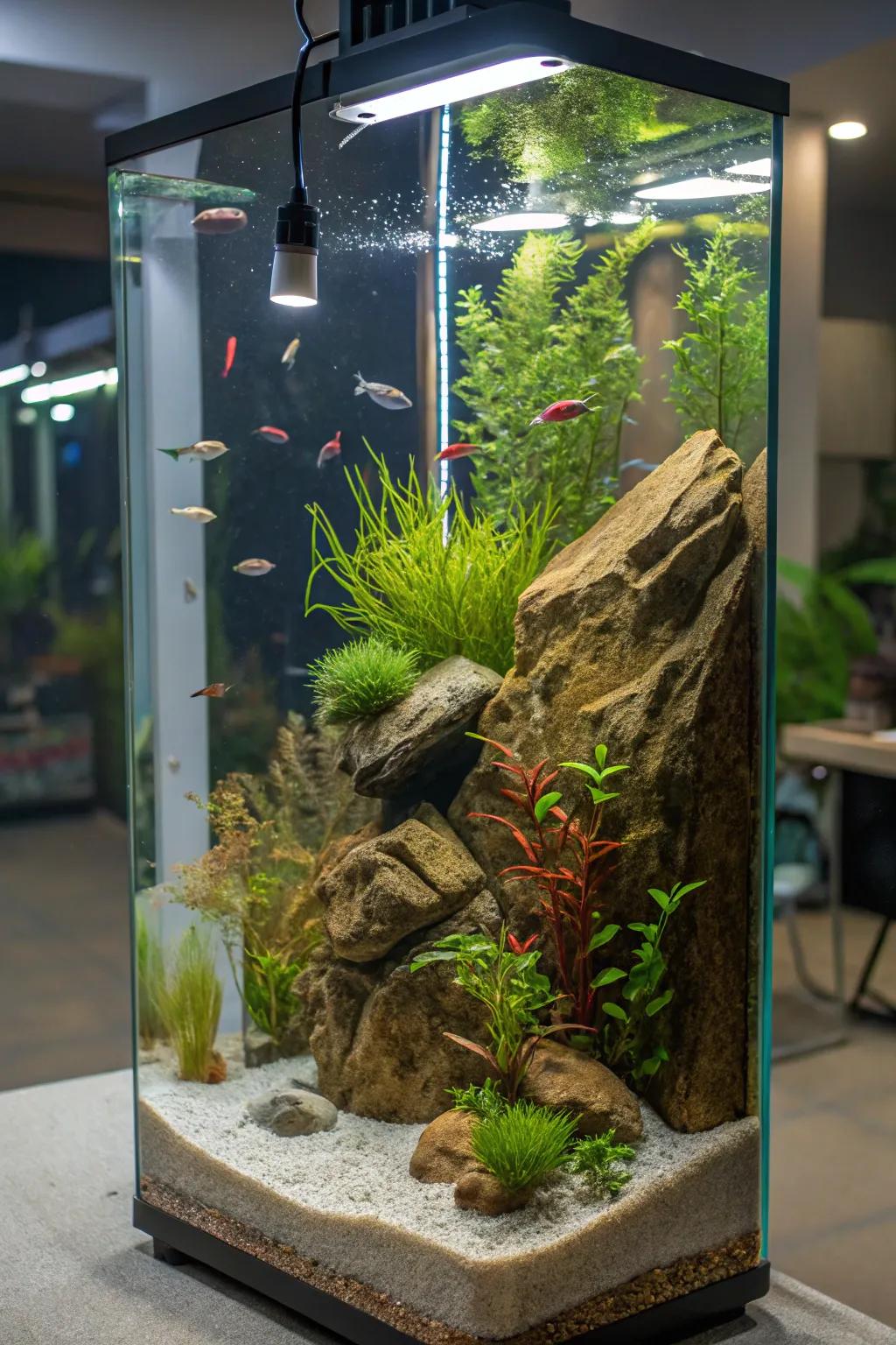 A towering tank beautifully designed as a naturalistic display.