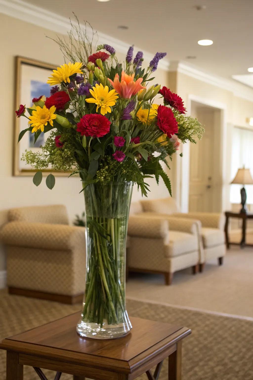 An elevated glass vase containing a vibrant bouquet of blossoms, thereby rendering a bold declaration within a neutral chamber.