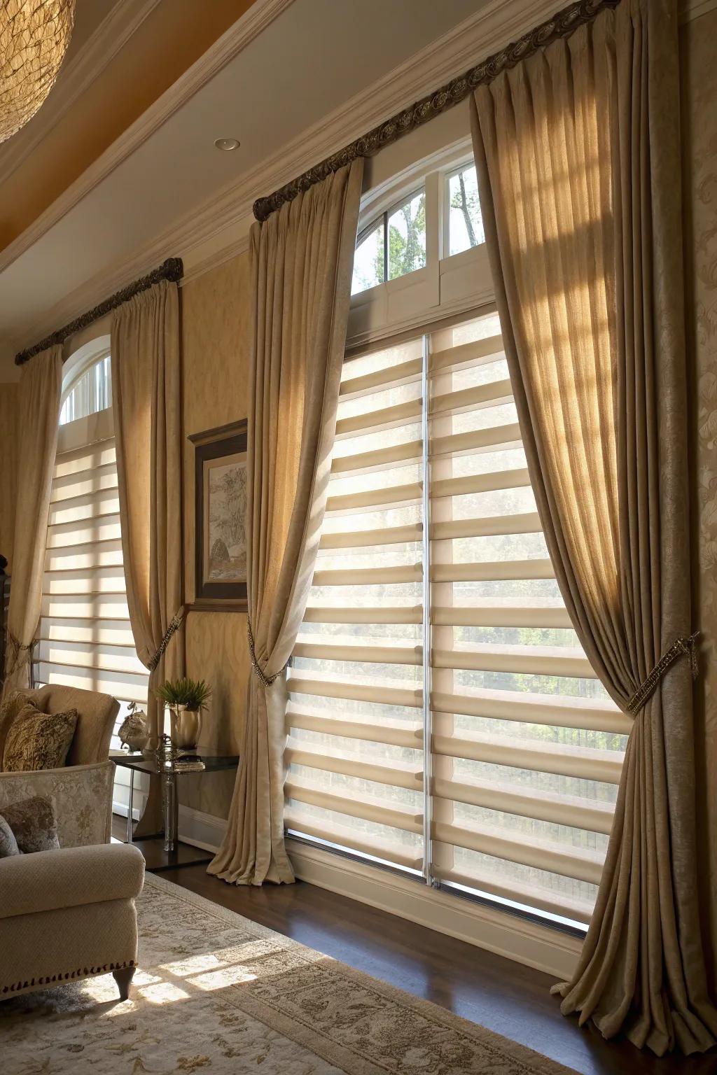 Leveled window layers affix vogue and utility to the tan room.
