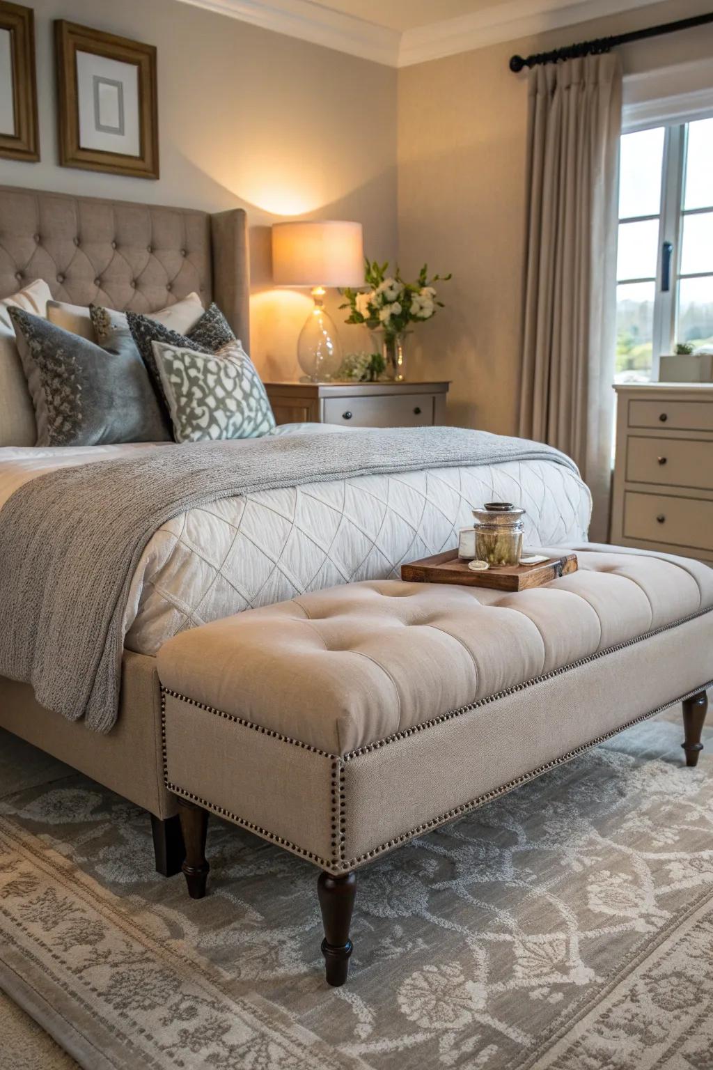 A soft brown bedside stool adding design and utility.