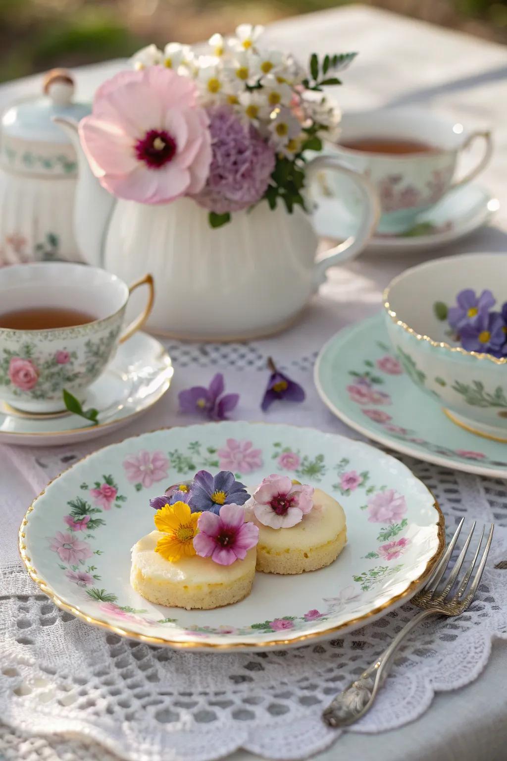 Edible blossoms contribute color and flavor to the tea gathering dishes.