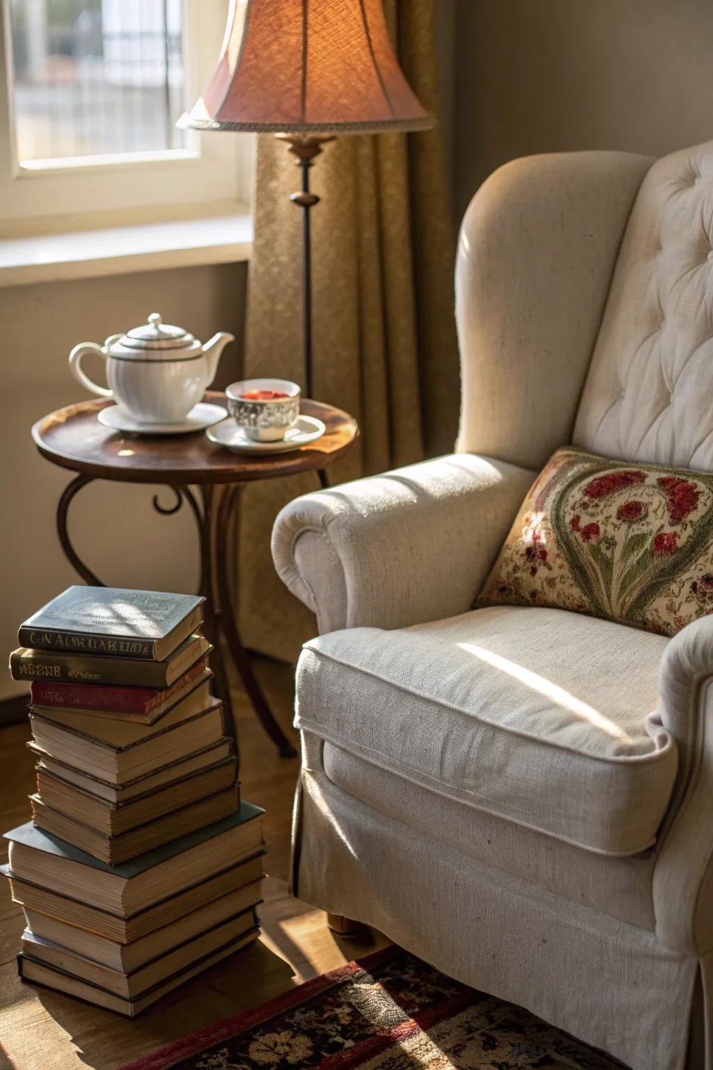 A tranquil reading corner complete with a charming tea set.