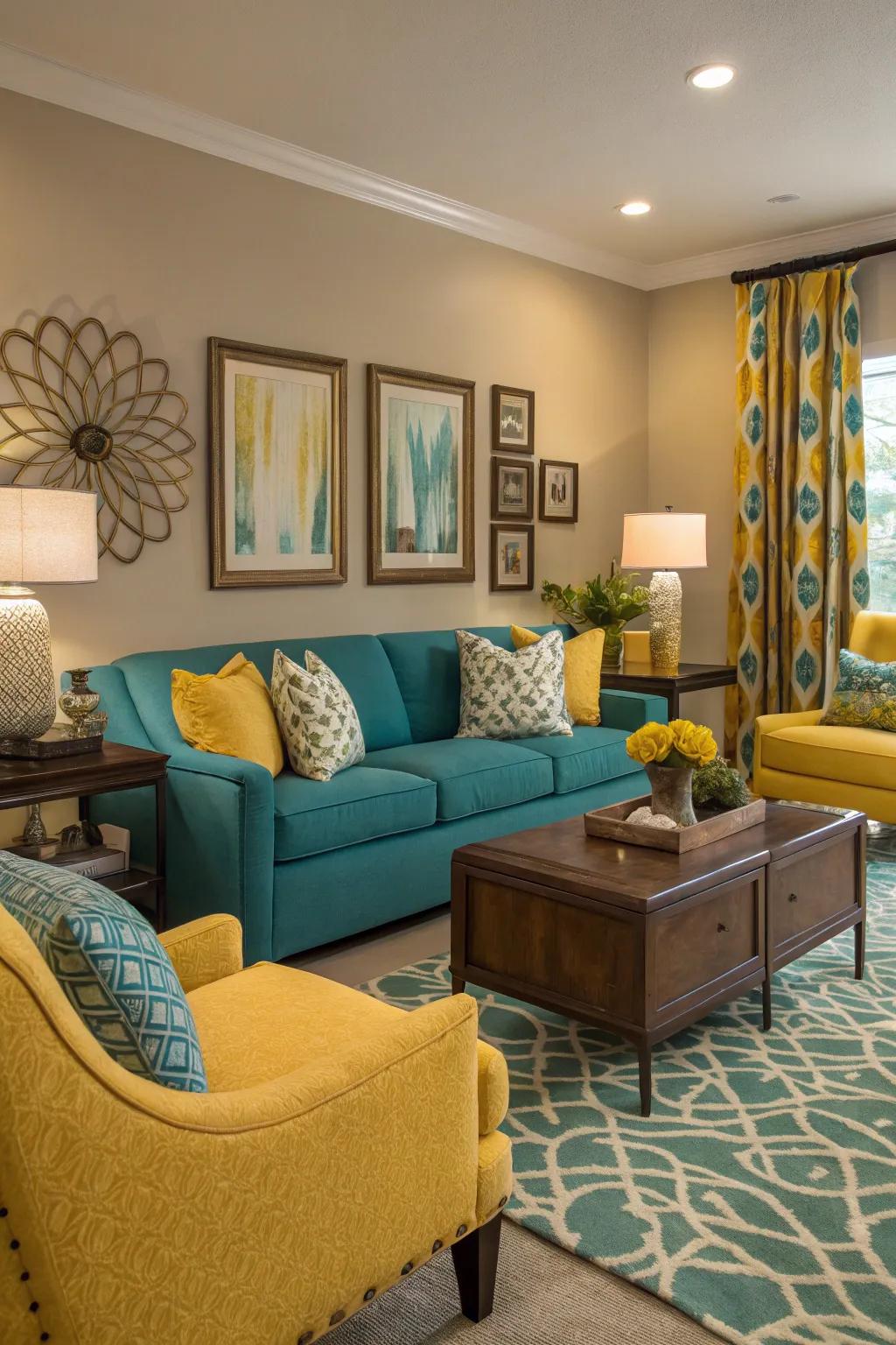 The contrast of aquamarine and amber enhances energy and playfulness to this room.