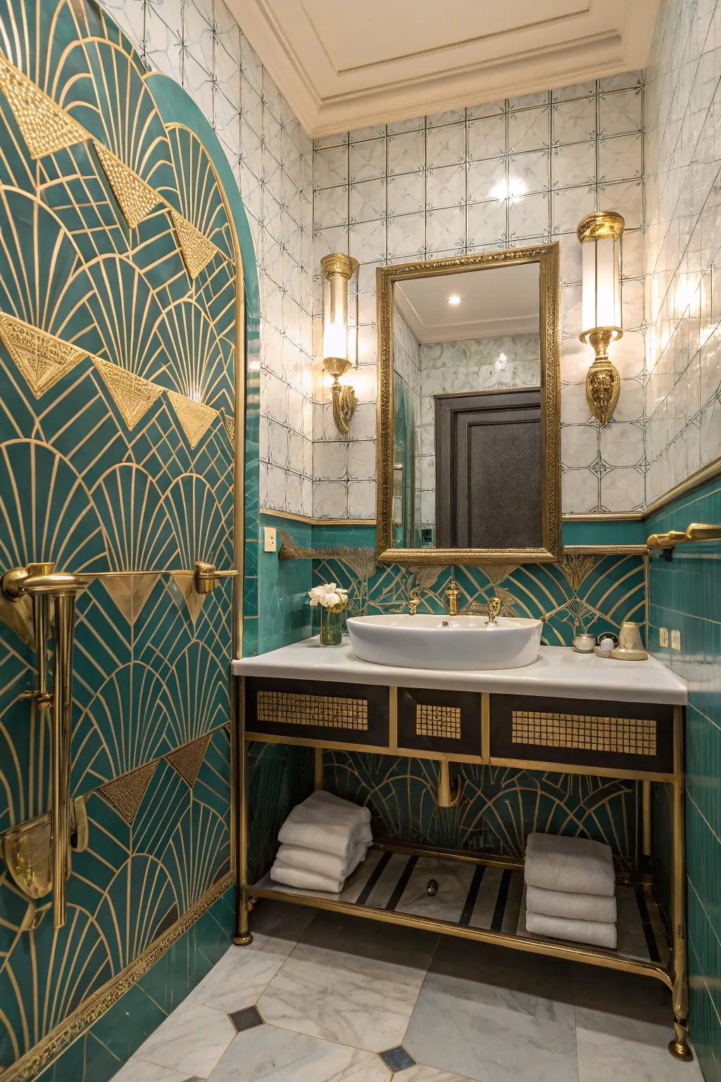Art Deco components paired with teal tiling for a glamorous aesthetic.