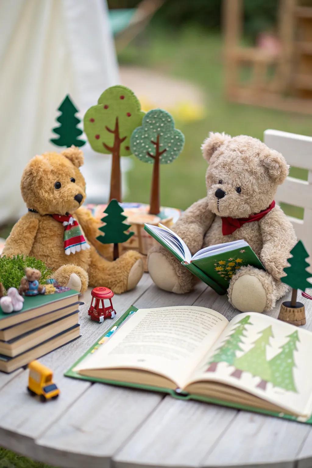 A fanciful storybook scene featuring cuddly bears.