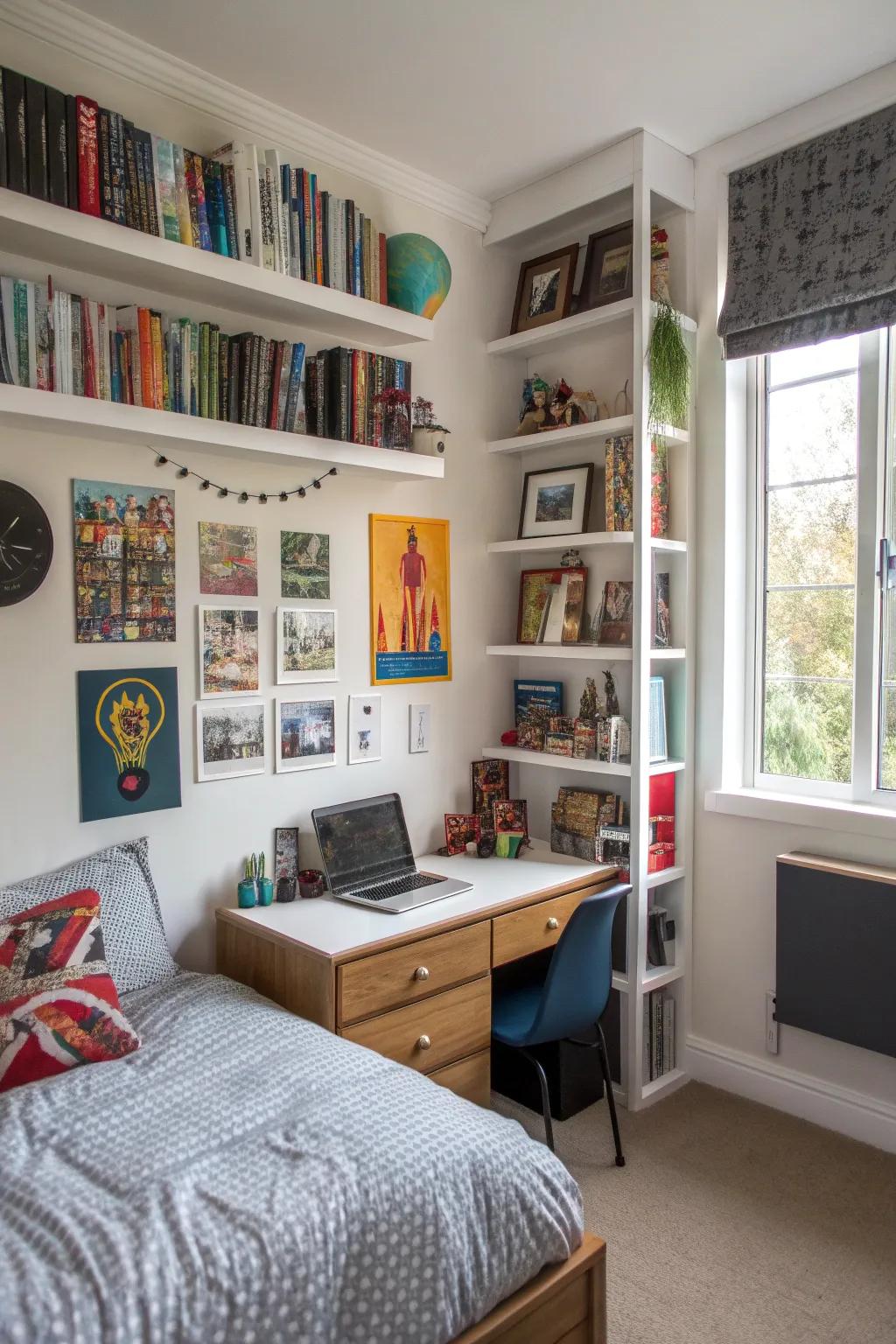 Smart use of vertical space with shelves and wall-mounted storage in this teen boy's room.