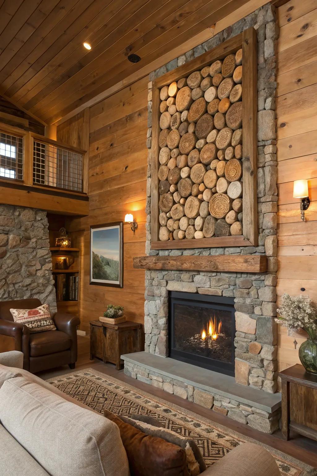The living room is made more rustic by the use of natural materials in this textured art piece.
