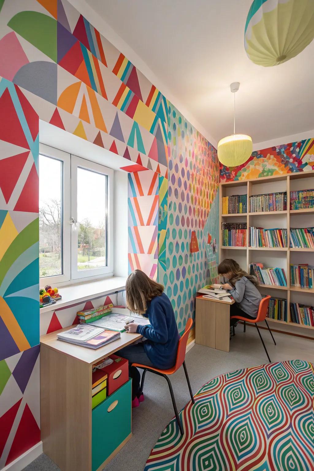 A study featuring optical illusion wall textures.