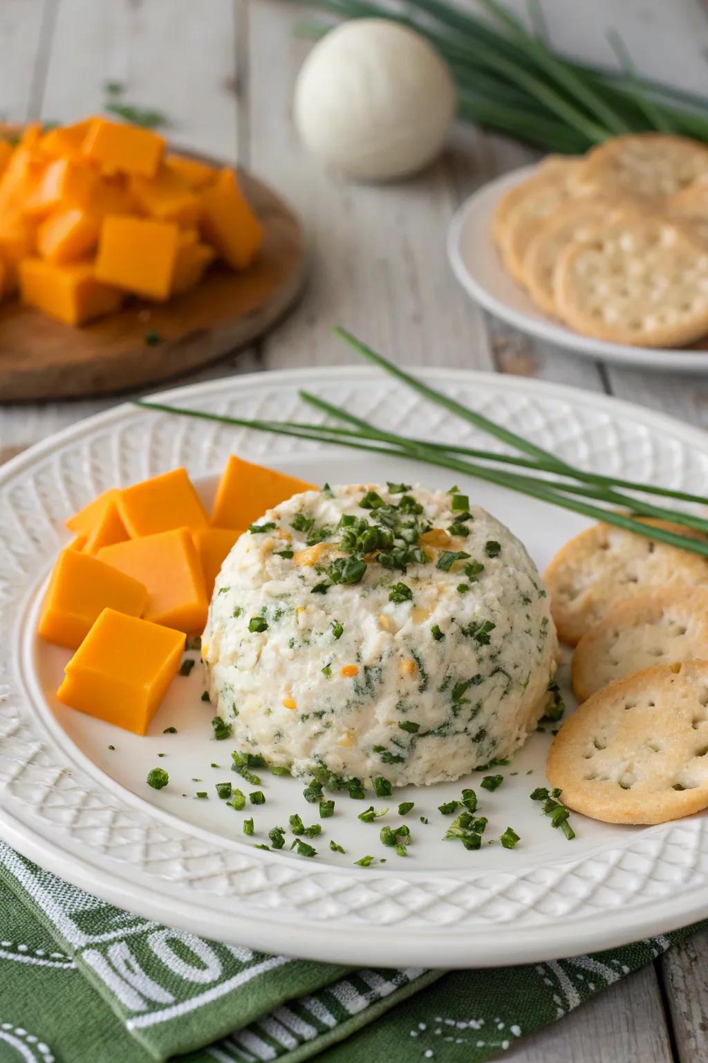A cheddar and garden chive cheese ball, embodying classic flavors.