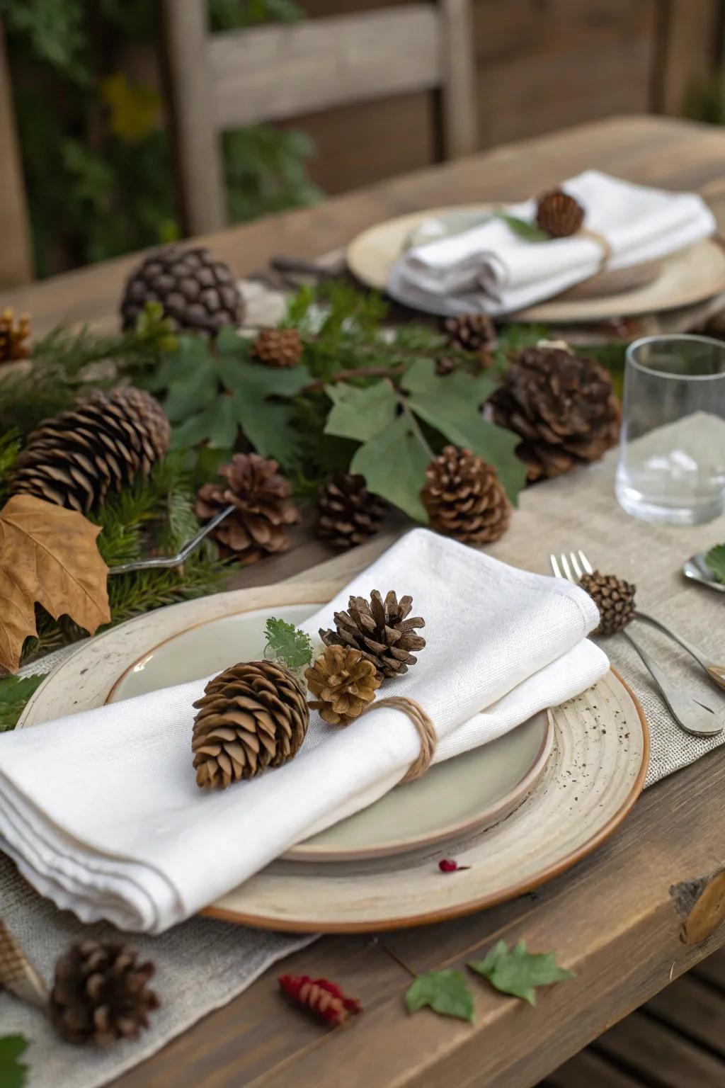 Pine cones introduce a woodland allure to your Thanksgiving table.