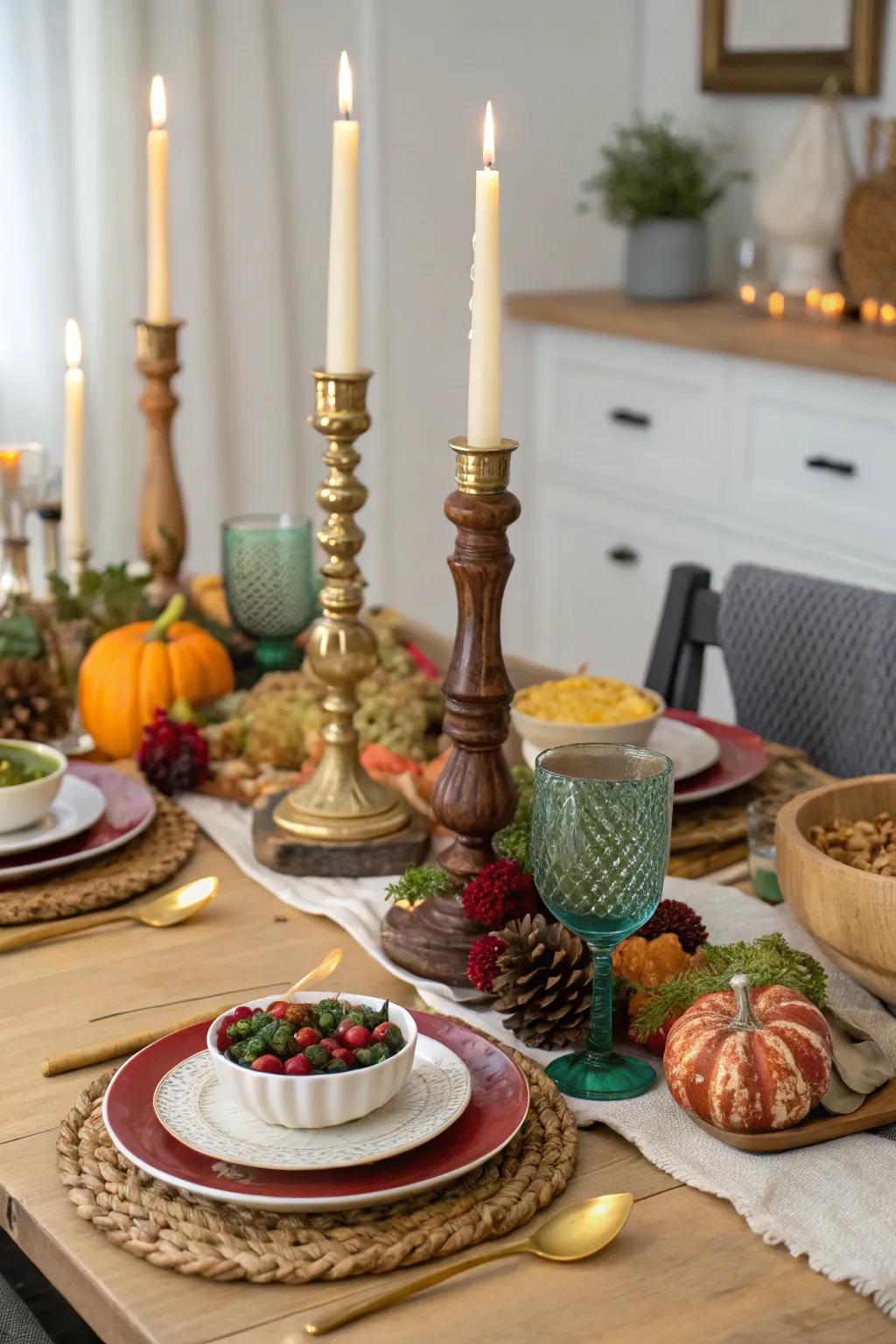 A mix of candlesticks appends diverse style to the table.