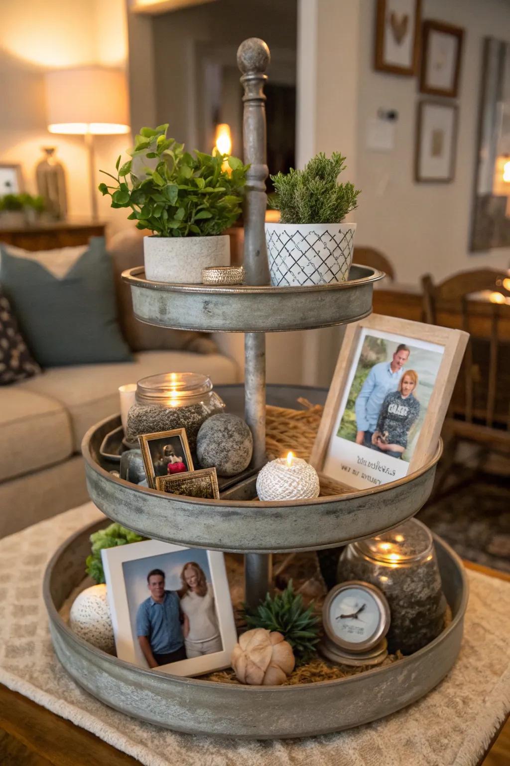 An eclectic-themed tiered tray is filled with cherished memories.