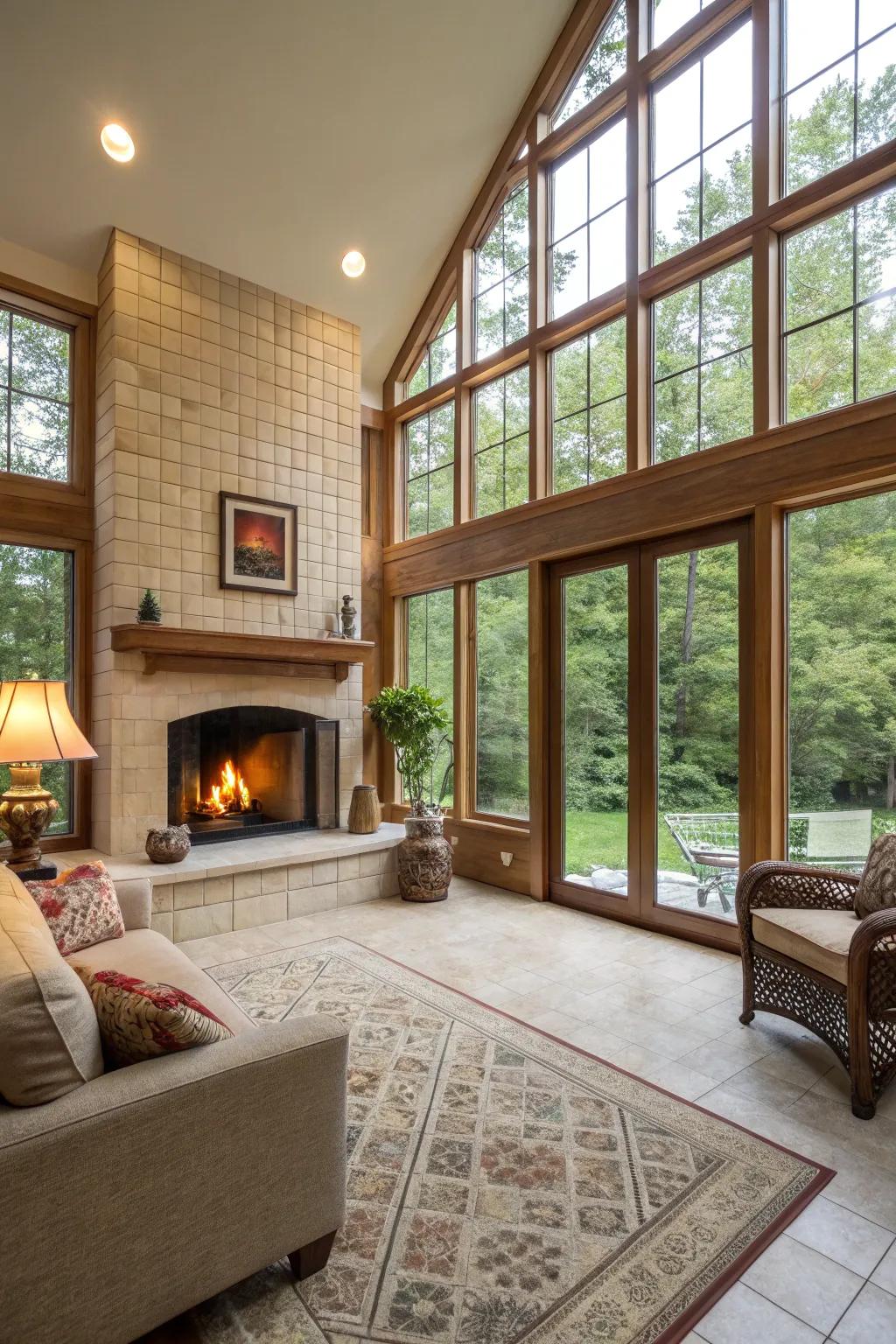 Coordinating tiles establish a seamless interior-exterior connection.