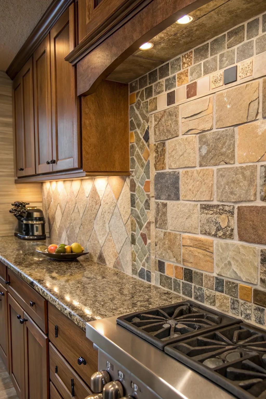 A blend of natural stone tiles adds warmth and texture to this cooking area.