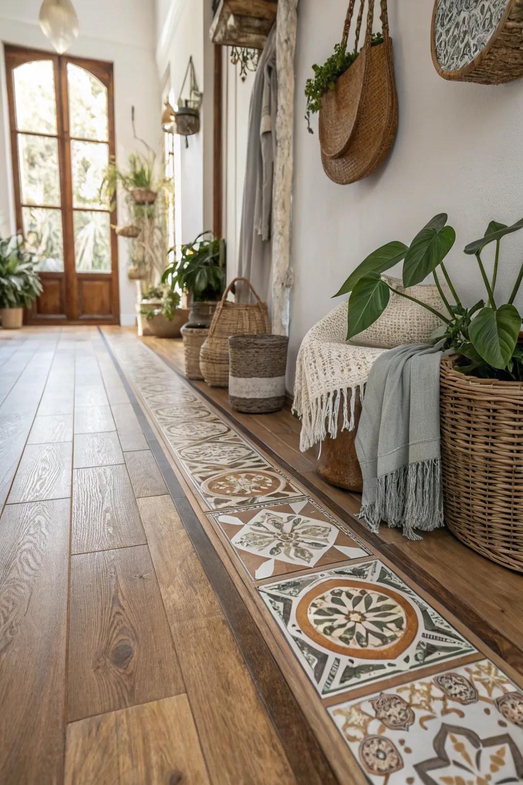Patterned tile borders create a featured transition into a timber floor.
