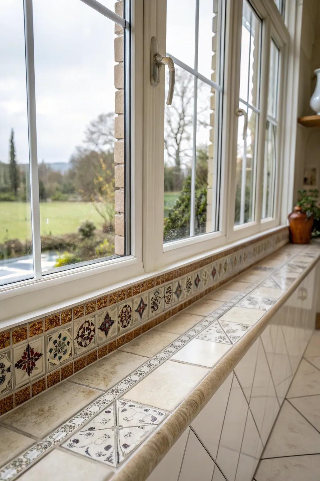 A frame of smaller tiles around larger ones contributes sophistication to this dining space windowsill.