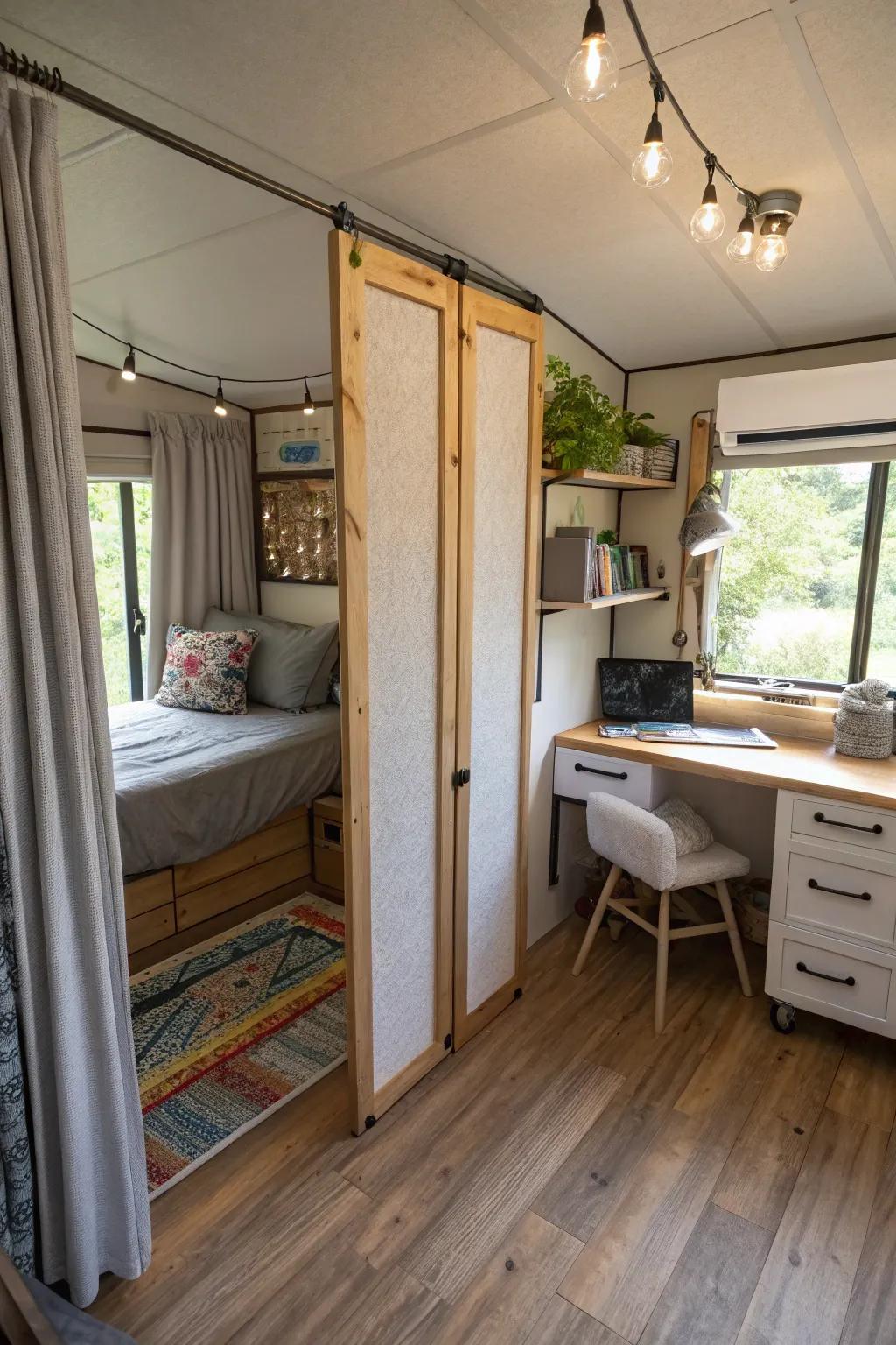Folding screens offering flexible ways to divide space in the small sleeping space.