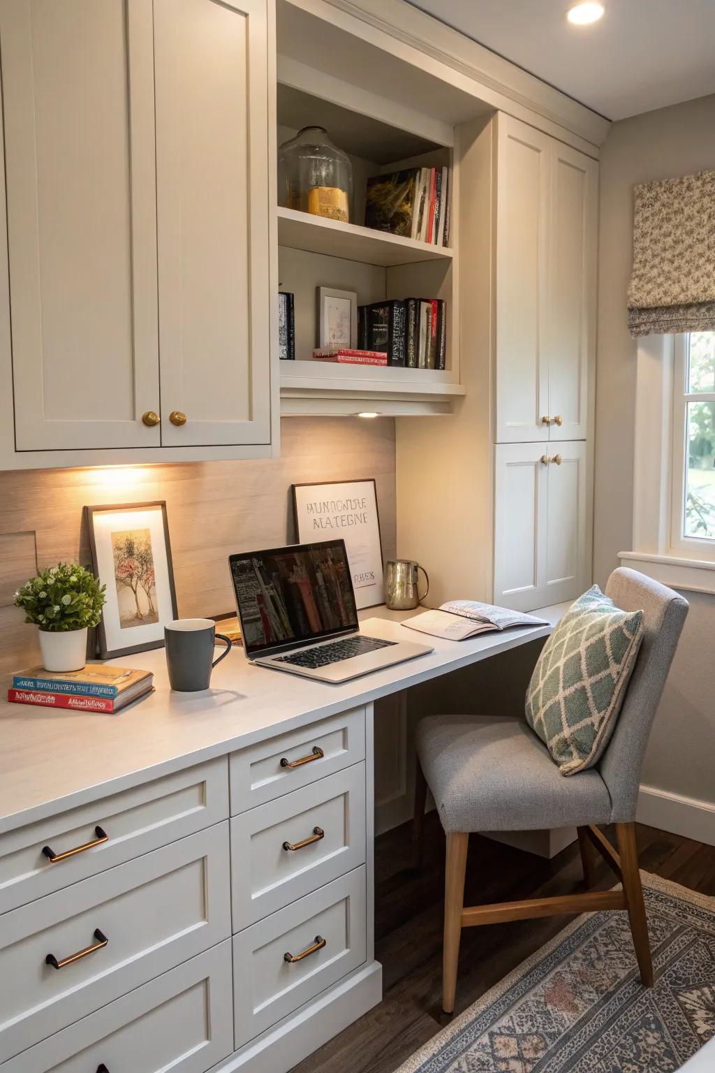 A built-in desk blends quickly into cabinetry designed for a streamlined presentation.