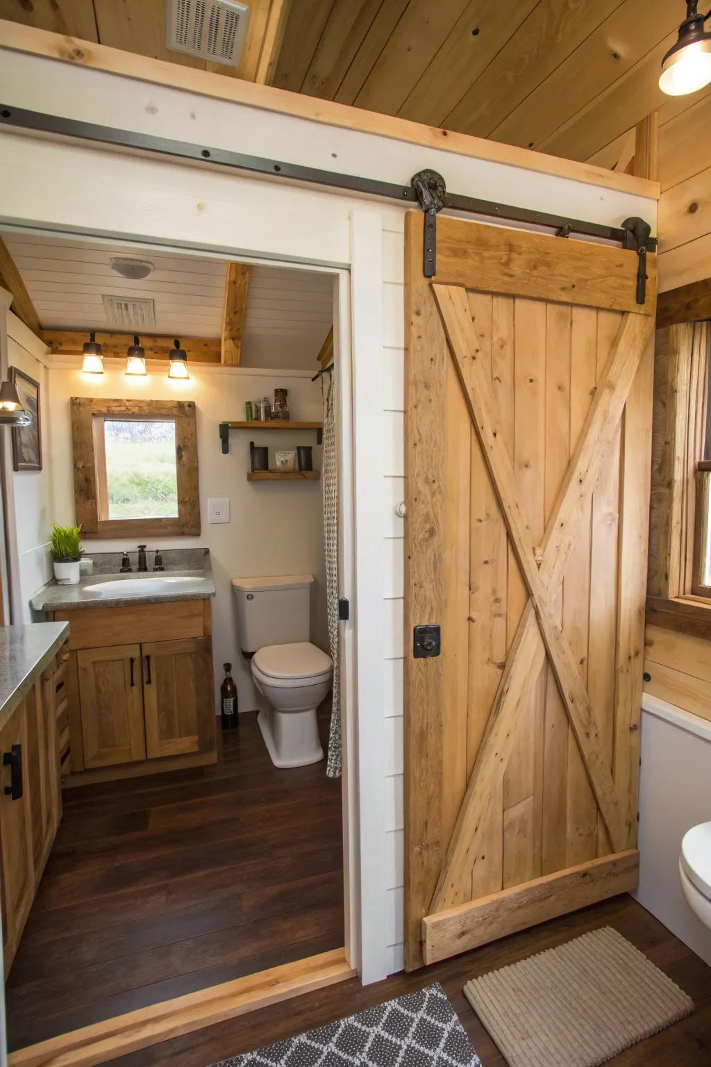 Sliding homestead doors offer style and function in this compact bathroom.