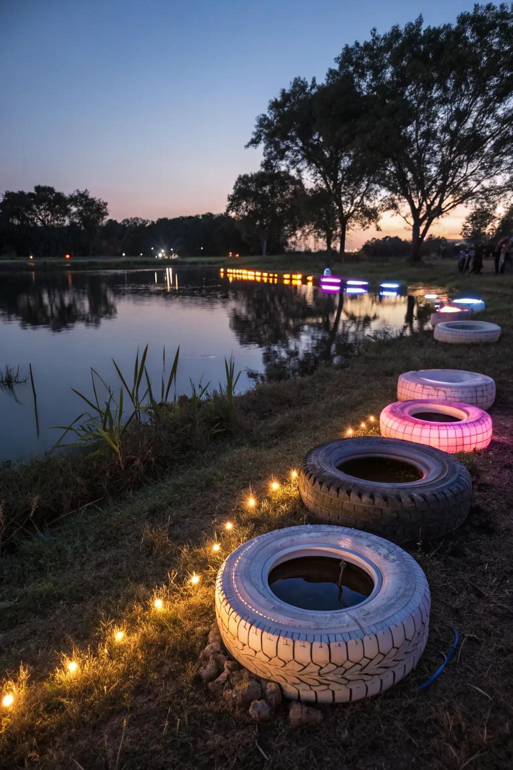 A tire pond that shines beautifully via LED illumination during nighttime.