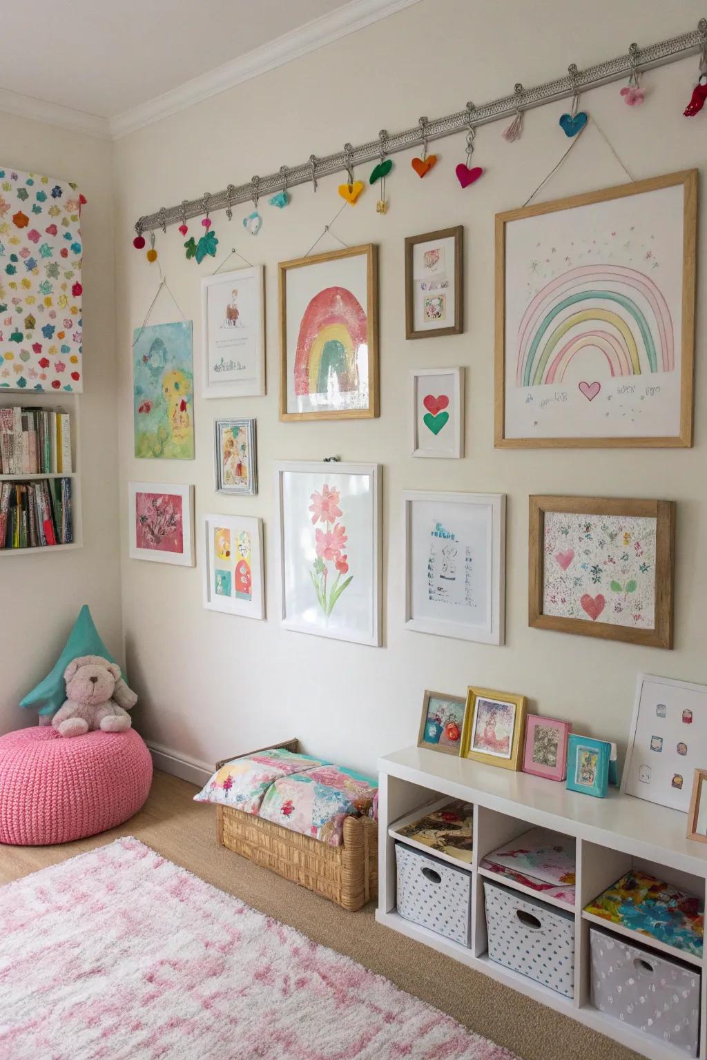 A DIY art display showcases her creativity.